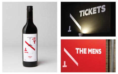 New Theatre wine label, tickets and toilets signage
