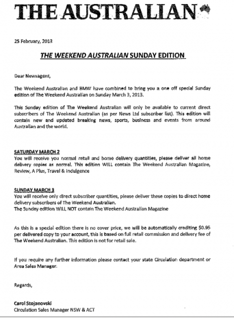 Letter to newsagents informing them of the special Sunday edition.