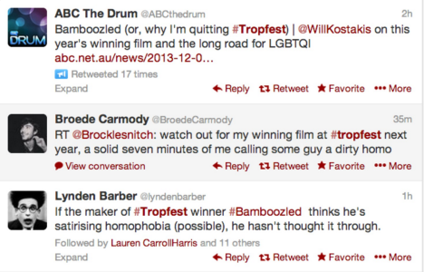 Outrage on the #tropfest on Twitter