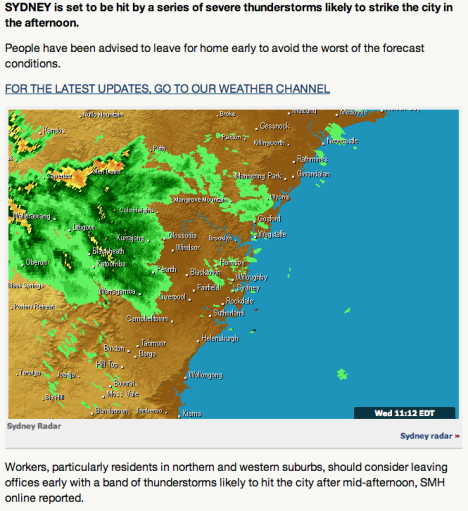 The Daily Tele's weather story today, replete with satellite image from their own weather service.