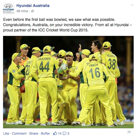 Hyundai congratulate Australia on World Cup win on facebook