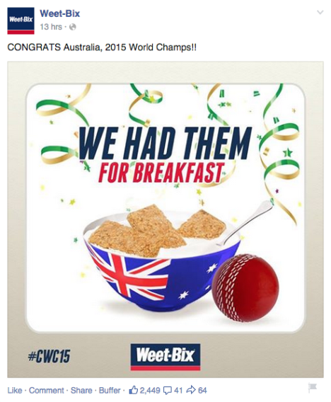 Weet Bix congratulate the Australian Cricket Team on their World Cup Win