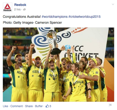Reebok congratulate the Australian Cricket Team on their World Cup win. 