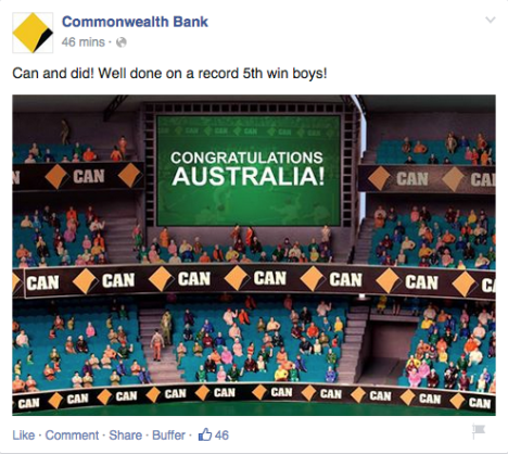 Commonwealth Bank posts on Facebook congratulating the Australian World Cup Cricket win.