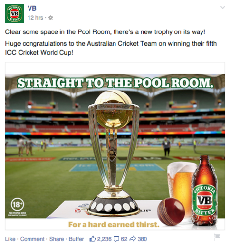 Victoria Bitter congratulate Australia on World Cup win on Facebook and Twitter