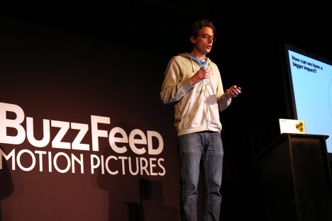 Jonah Perretti speaking at the Buzzfeed Newfront in New York