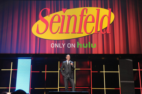  Jerry Seinfeld speaks onstage at the 2015 Hulu Upfront Presentation. (Photo by Craig Barritt/Getty Images for Hulu)