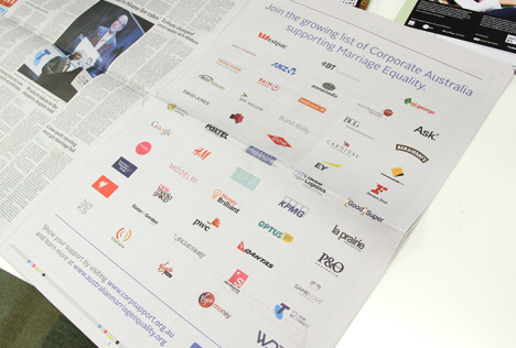 The various brands that paid for Australian Marriage Equality’s full page ad in The Australian last year. 