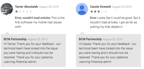 BCM Partnership responses to app crashes