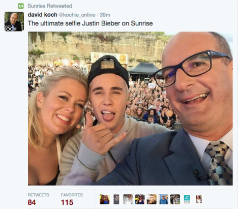 Sunrise hosts Sam Armytage and David Koch got the obligatory selfie with Bieber