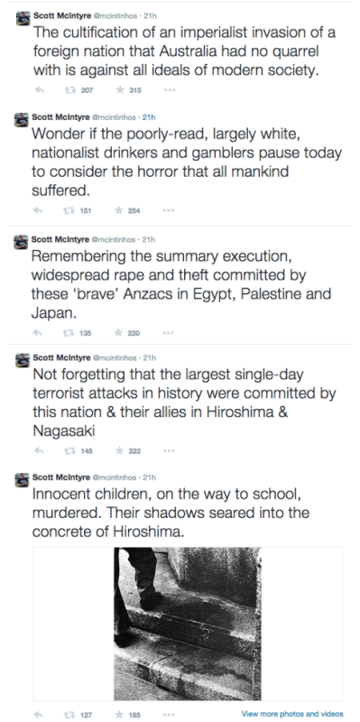 McIntyre's tweets from Anzac Day