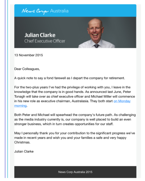 Julian Clarke email to staff