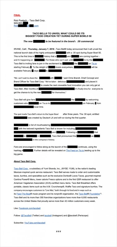 Taco Bell's redacted Superbowl letter
