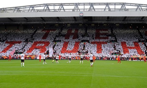 A mosaic by Liverpool fans before a home game in 2012. ‘The truth’ is a reference to the Sun’s infamous headline. Photograph - Tom Jenkins for the Guardian