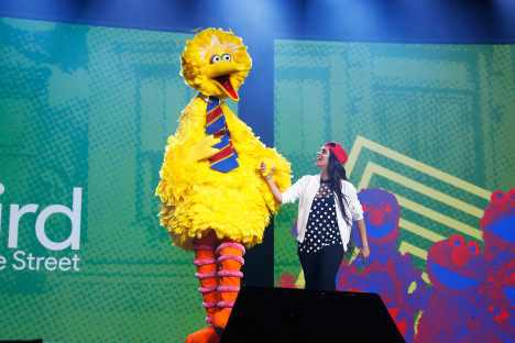 "NEW YORK, NY - MAY 05: Big Bird and YouTuber Lilly Singh speak onstage during YouTube Brandcast presented by Google on May 5, 2016 in New York City. (Photo by Taylor Hill/FilmMagic for YouTube)"