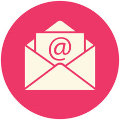 A large email icon within a large pink circle