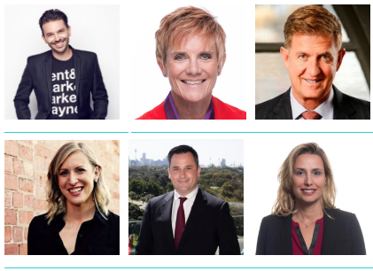 (Clockwise from top left) Grant Baxter, Carol Cooke, Tim Worner, Renece Brewster. Tony Partridge, Amy Luca