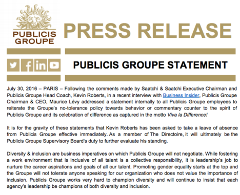 Publicis statement on Kevin Roberts