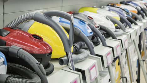 Appliances store presents for sale modern vacuum cleaners from different manufacturers..