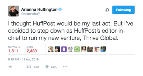 arianna huffington leaving HuffPost Tweet