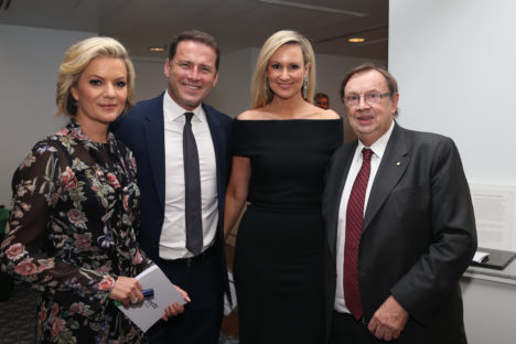 From left to right: Sandra Sully (Ten); Karl Stefanovic (Nine); Melissa Doyle (Seven); Harold Mitchell at the Free TV event in Parliament House, Canberra.