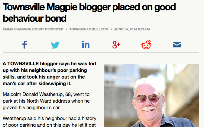 Weatherup was given a good behaviour bond after admitting damaging his neighbour's car. Source: Townsville Bulletin