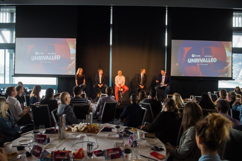 The panel at the Unrivalled Sydney event (l-r): Andrea Ingham, Chris Freel, Vijay Solanki, Julian Delany, Alex Hayes (Mumbrella)