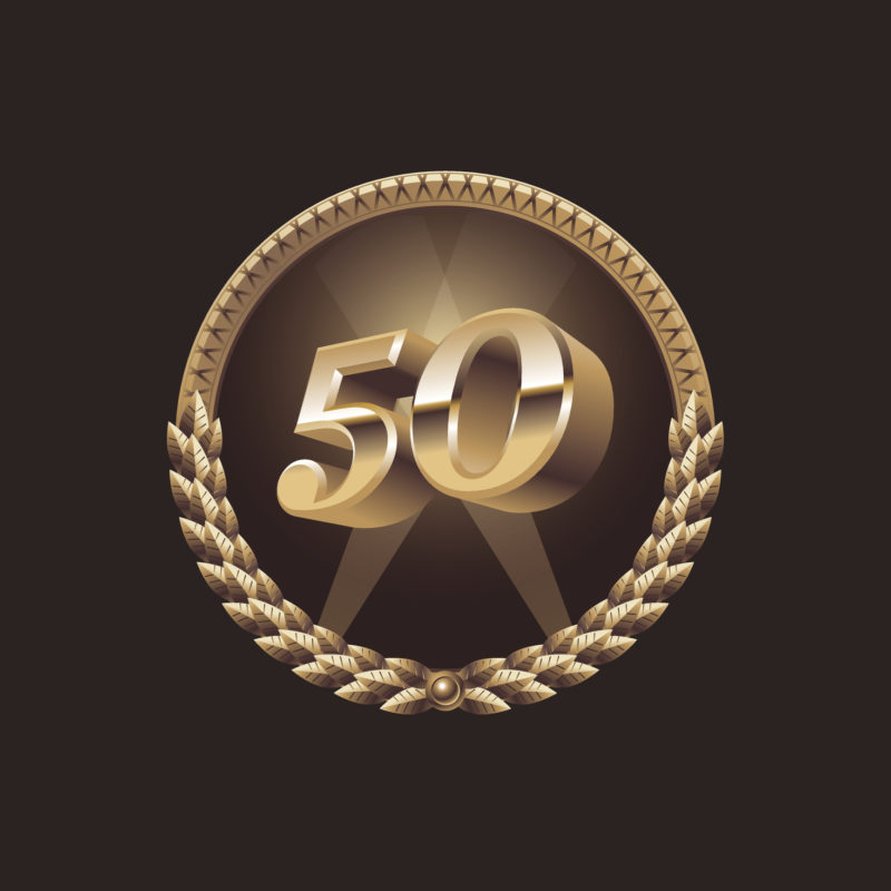 Fifty years anniversary celebration design. Golden seal, vector illustration