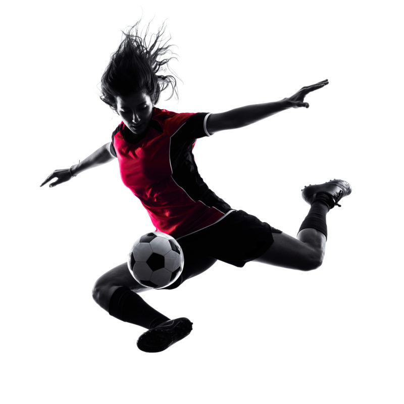 one woman playing soccer player in silhouette isolated on white background